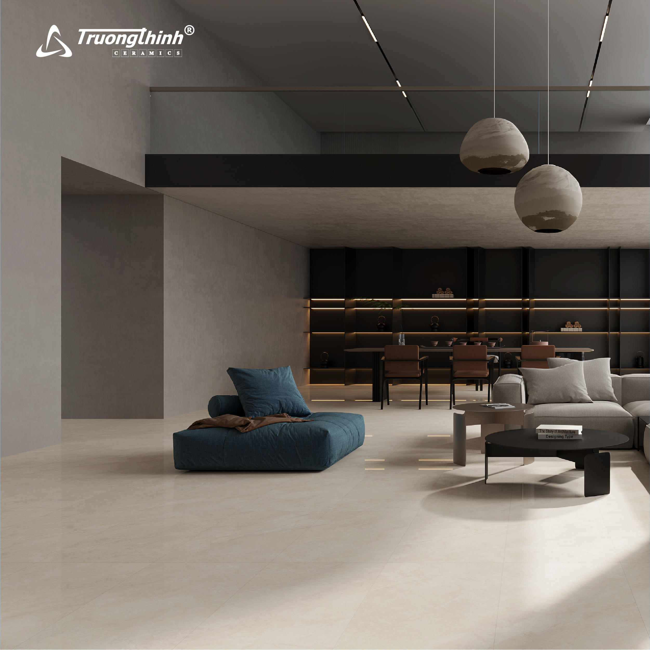 Phòng khách sang trọng sử dụng gạch ốp lát khổ lớn