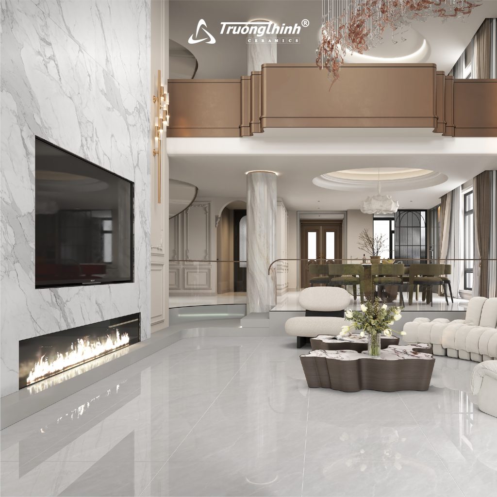 Gạch ốp lát màu trung tính cho phòng khách tinh tế, hiện đại