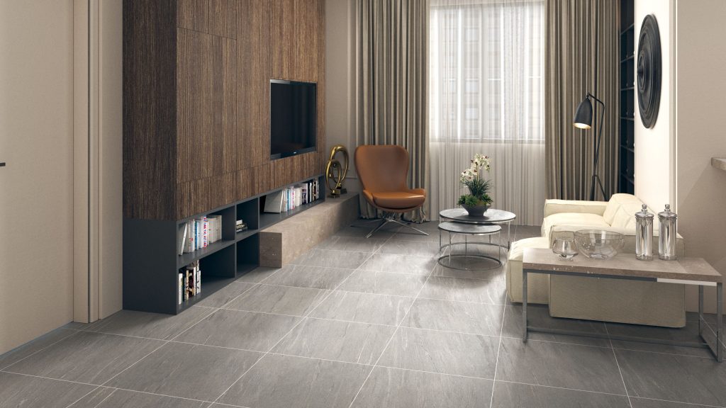 Phòng khách lát gạch 60x60 tông xám mờ Phòng khách lát gạch 60x60 tông xám mờ